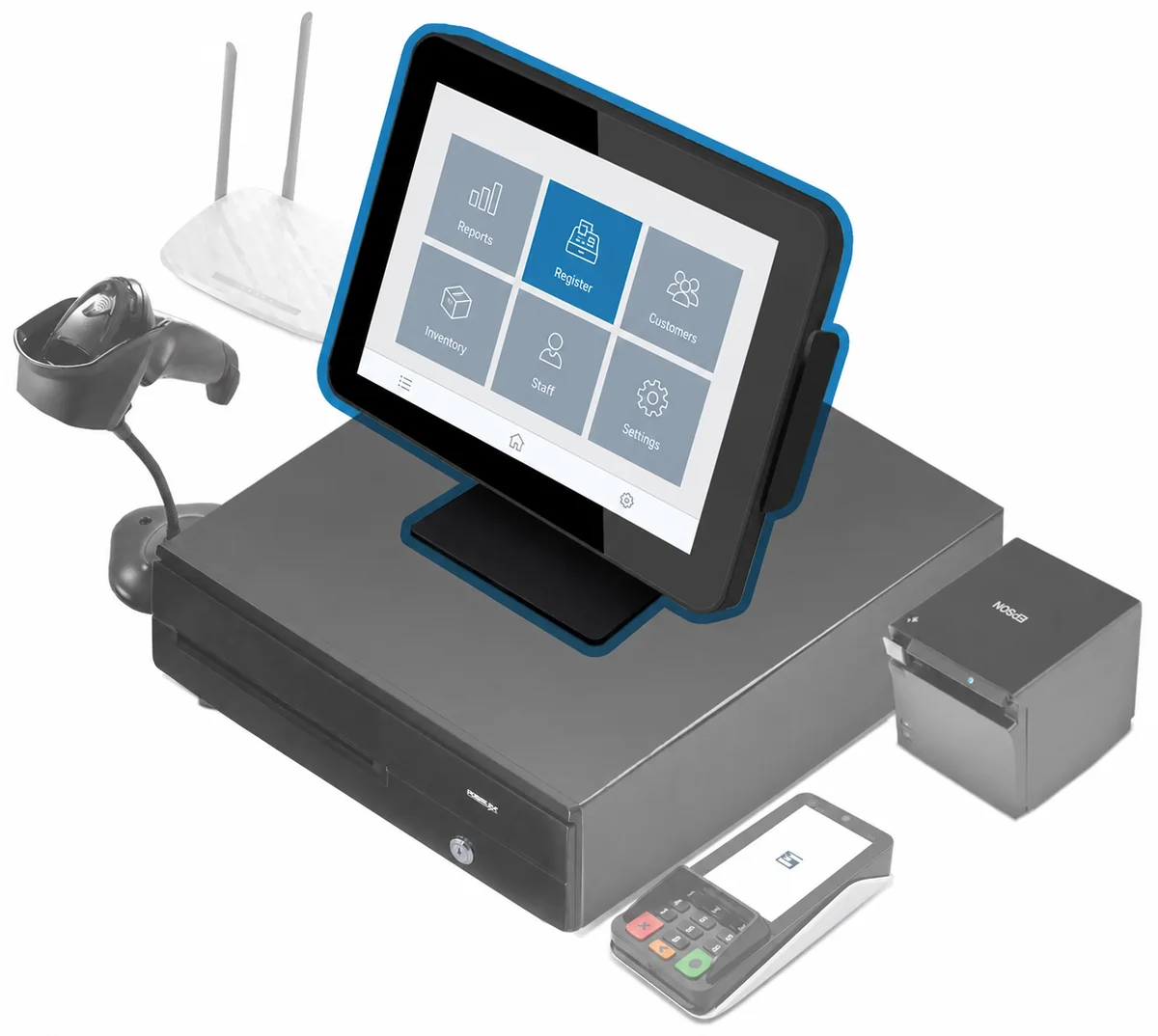 EPI Exatouch point-of-sale system shown with optional peripherals