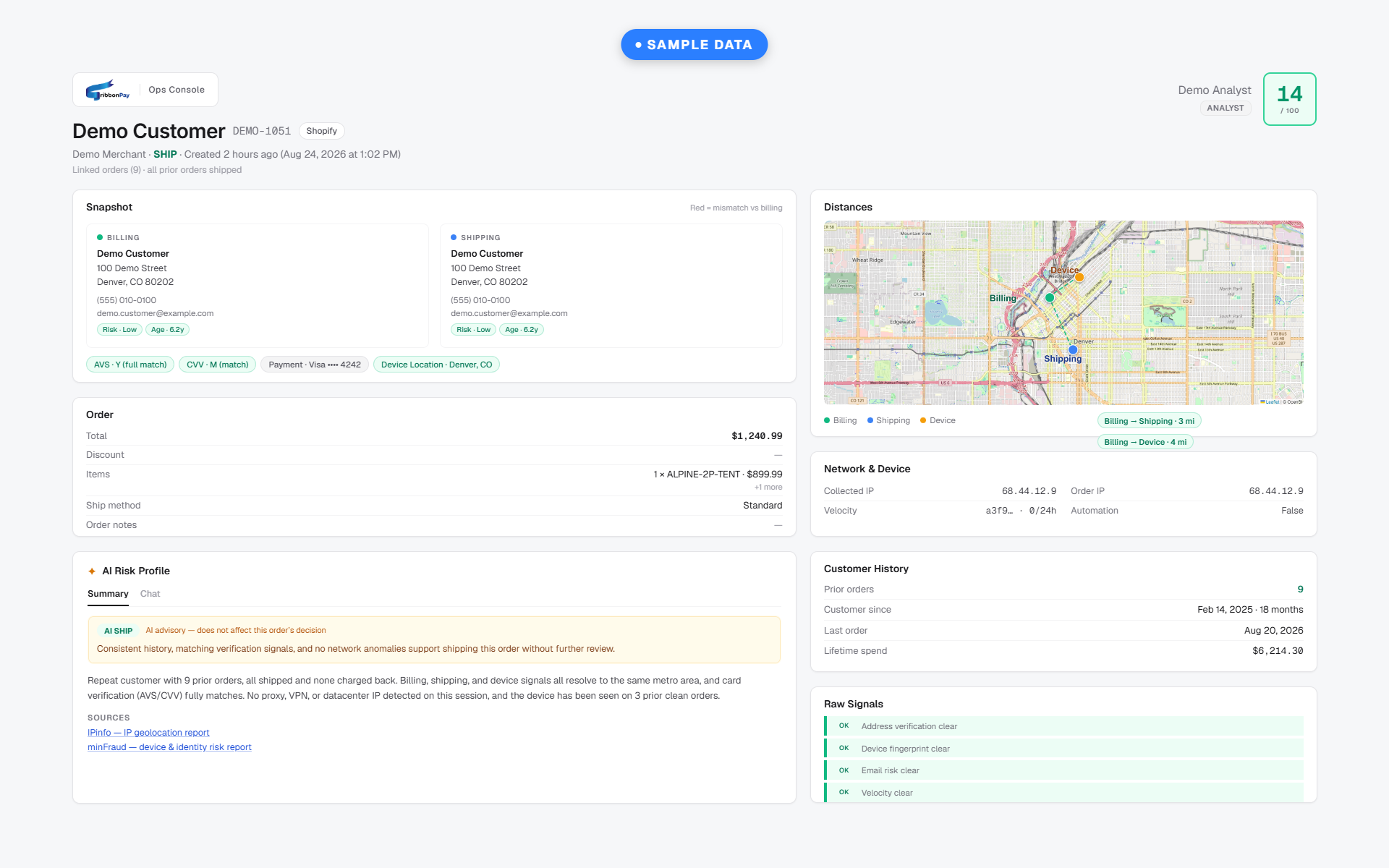 ribbonPay Managed Fraud Review analyst workbench showing synthetic order, location, device, history, and risk signals